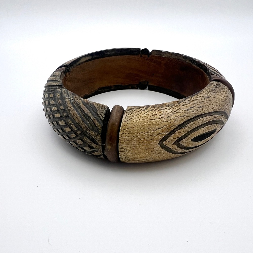 Vintage Tribal Carved Wood Bangle Bracelet Chunky Boho Geometric Brown Segmented